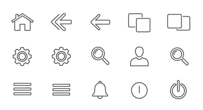Comprehensive set of essential UI/UX outline icons including back, duplicate, settings, search, user, notification, clock, and power on an isolated white background.