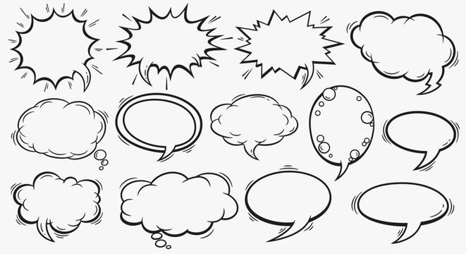 Hand drawn collection of various blank comic speech bubbles and thought clouds in a dynamic style on a white background, representing conversation and ideas.