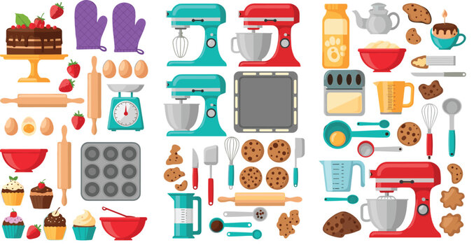 Baking and kitchen tools cartoon set with mixer oven cookies ingredients and pastry equipment vector illustration
