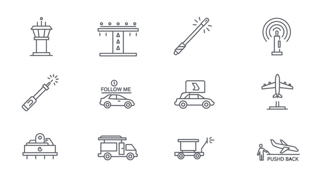 Collection of Line Icons Related to Airport Aviation and Ground Support Services on Isolated Bright Background