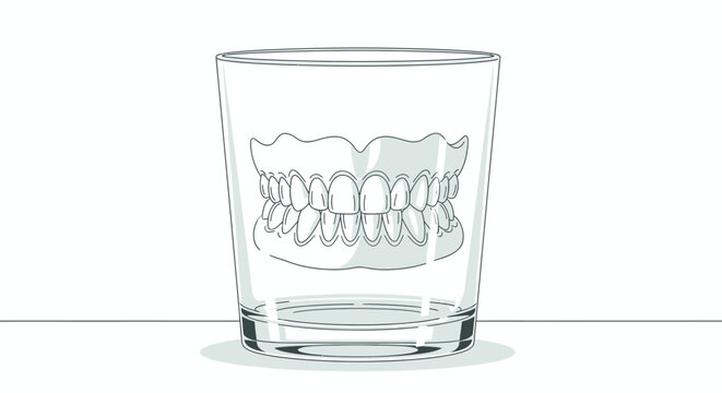 Full dentures soaking in a clear glass of water, dental hygiene concept, isolated white background.