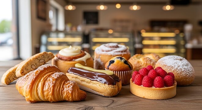 Assorted pastries and fresh raspberries displayed.
