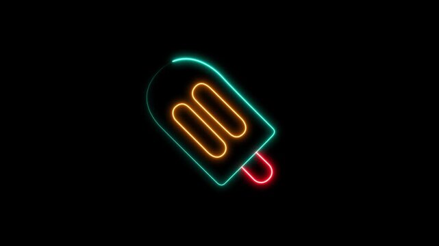 Cyan and orange neon outline of a popsicle on black background ice cream food icon drawing glowing ice cream food icon drawing glowing