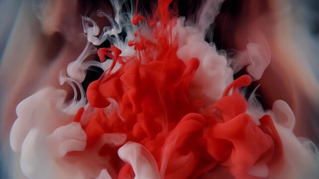 Vibrant red and white smoke swirls dynamically in a mesmerizing display of fluid motion and color.