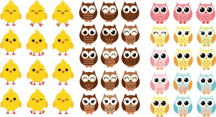 Fototapeta premium Cute cartoon birds collection with chicks and owls, adorable colorful bird characters set with different expressions vector illustration isolated on white background