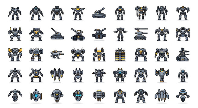 Collection of various robot designs and futuristic mechanical war machines in a row.