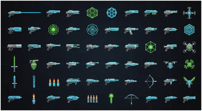 Collection of futuristic weapons and symbols for science fiction games and designs.