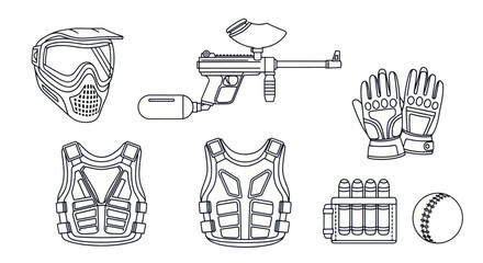 Paintball Gear Set: Mask, Gun, Vest, Gloves, Pods, Ball - Vector Illustration © asepta