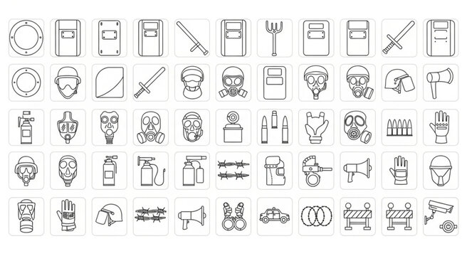 Collection of various riot control and law enforcement equipment icons.