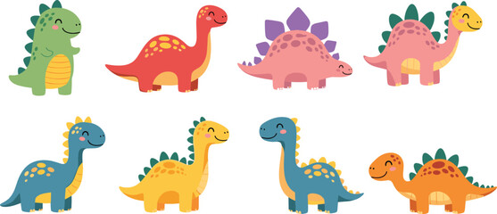 Cute dinosaur cartoon set with colorful kawaii dino characters and friendly prehistoric animals vector illustration © MdNazmul