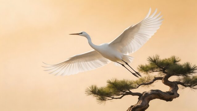 White bird in flight near tree branch