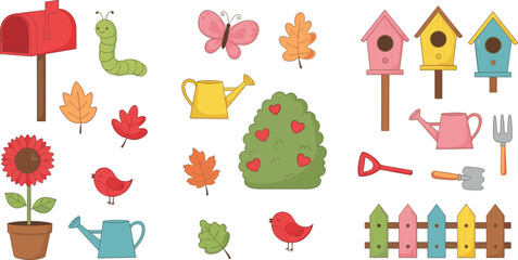 Fototapeta premium Cute garden elements cartoon set with mailbox plants birds tools and backyard objects vector illustration