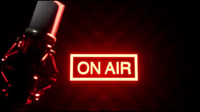 Professional Condenser Studio Microphone With Red Neon On Air Sign For Podcast And Broadcasting
