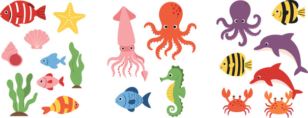 Obraz premium Cute ocean animals and sea elements collection with fish, octopus, squid, dolphin and seahorse, colorful marine cartoon vector illustration isolated on white background