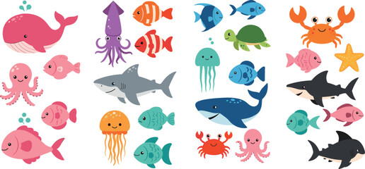 Cute ocean animals cartoon set with fish shark whale octopus jellyfish and sea life vector illustration © MdNazmul