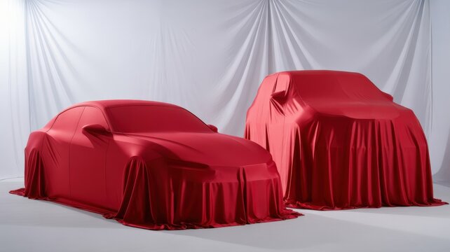 Two red covered cars side by side