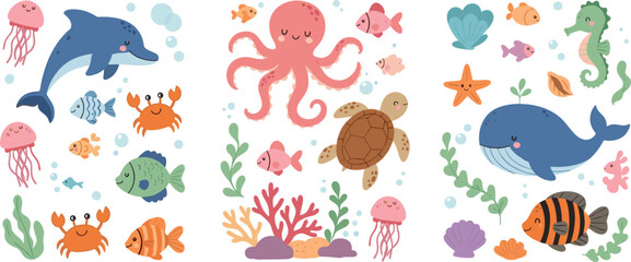Naklejka premium Cute ocean animals collection with dolphin, whale, octopus, turtle, fish and jellyfish, colorful marine life cartoon vector illustration isolated on white background