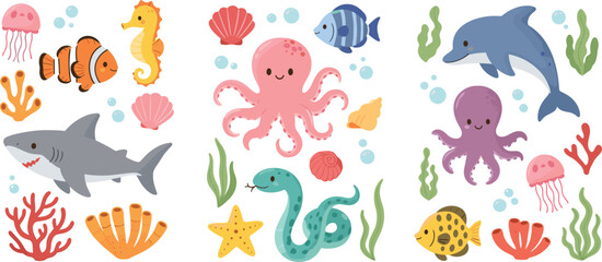 Cute ocean animals set with octopus, dolphin, shark, fish, jellyfish and seahorse, colorful underwater marine life cartoon vector illustration isolated on white © MdNazmul