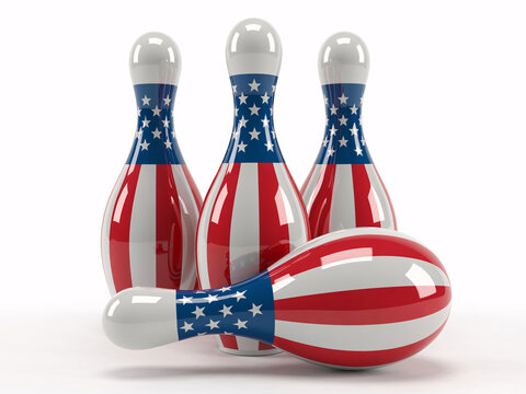 American flag bowling pins and ball, patriotic sports equipment