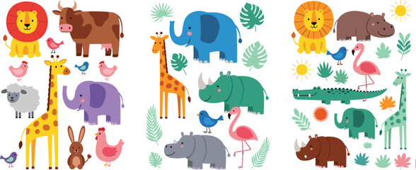 Cute safari animals cartoon set with lion giraffe elephant rhino hippo flamingo vector illustration © MdNazmul