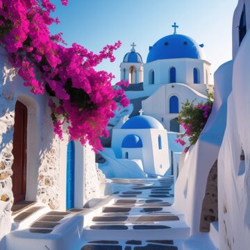 Traditional Greek village with whitewashed houses and blue domes on a sunny day with vibrant pink flowers blooming in the foreground and a clear blue sky