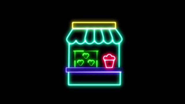 Glowing neon sign representing a food kiosk selling popcorn concession stand icon art design concession stand icon art design