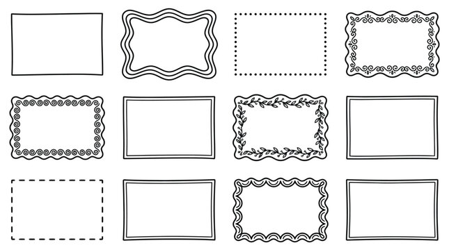 Artistic hand-drawn doodle sketch borders and frames vector collection, featuring various rectangular shapes, outline design elements with corner accents, ideal vintage graphic templates for text box