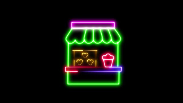 Neon outline of a food stand offering snacks and treats kiosk concession glowing icon art kiosk concession glowing icon art