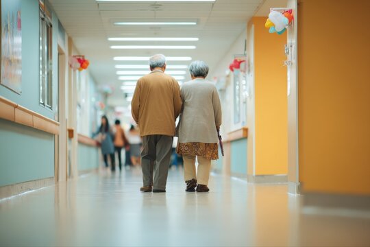 Elderly couple walking together down a brightly lit hospital corridor, symbolizing support and companionship