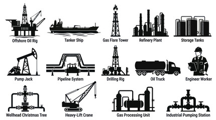 Obraz premium Oil and Gas Industry Vector Icons Set: Refinery, Drilling, Pipeline, Tanker Ship, Pump Jack Silhouettes