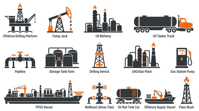 Oil and Gas Industry Icons: Petrochemical Equipment, Flat Design Vector Set