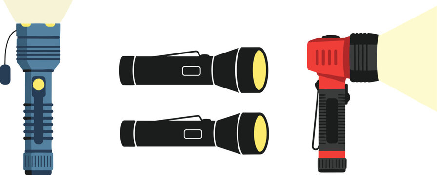 Flashlight cartoon set with handheld torches and portable light devices vector illustration