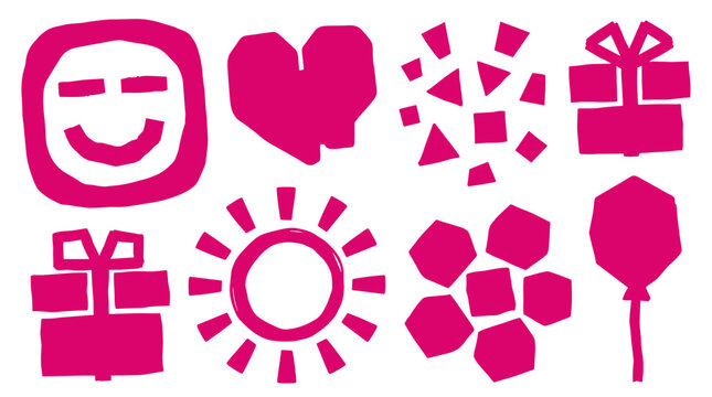 collection of pink hand drawn icons and symbols like a smiley face heart sun gift box balloon and abstract shapes on a white background