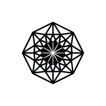 Intricate black and white vector geometric pattern forming a symmetrical decagonal shape with complex lines and shaded triangular elements, ideal for abstract design.