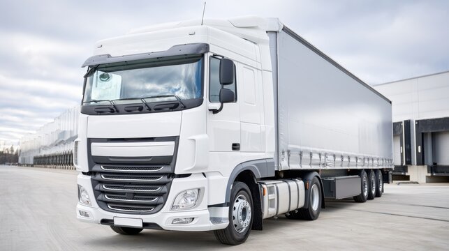 Modern white cargo truck parked on a concrete surface near a large industrial building with a cloudy sky in the background