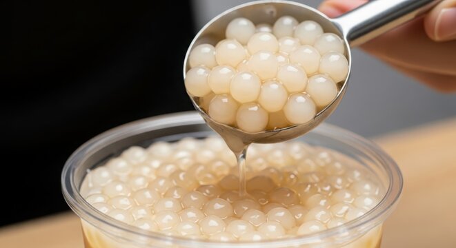 Close up of tapioca pearls being scooped from a bowl, ready for bubble tea preparation