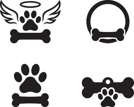 Pet paw and bone icon set with memorial symbols
