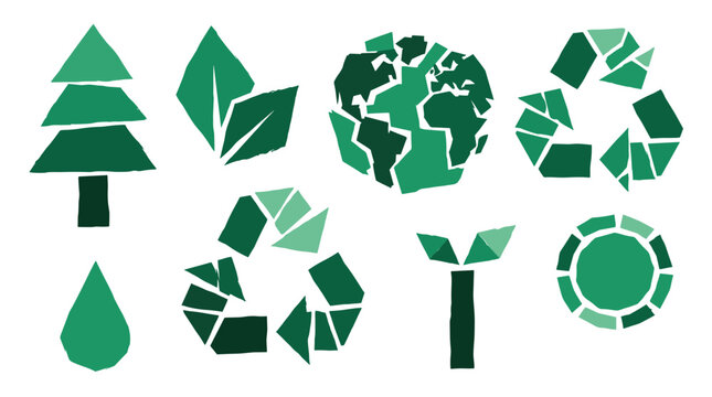 Collection of green eco friendly icons representing nature sustainability and recycling concepts like trees earth water and reuse symbols on white background