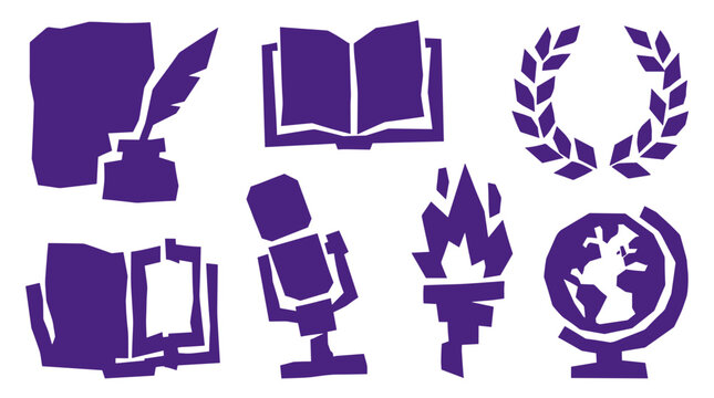 Collection of purple icons representing education knowledge and achievement including a book quill inkwell globe microphone and laurel wreath