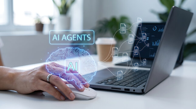 Business professional using computer mouse to activate ai agents workflow for automated document processing and intelligent data management in modern office environment with digital brain hologram