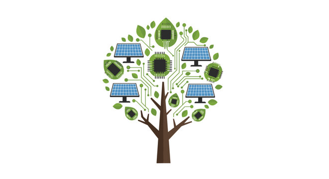 A stylized digital tree features a brown trunk and green leaves integrated with blue solar panels and green circuit board components.
