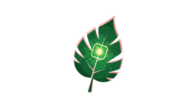 A textured illustration shows a large green leaf with a glowing green circuit board pattern and a central bright square chip on a white background.