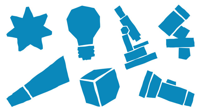 Collection of blue science and discovery icons including a light bulb microscope telescope and star shape on a white background