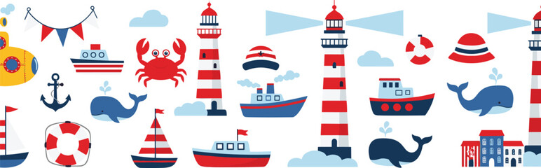 Nautical elements collection with lighthouse, ships, whale, crab and marine symbols, cute sea theme set, flat cartoon vector illustration isolated on white © MdNazmul