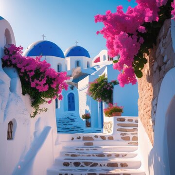 Traditional Greek village with whitewashed houses and blue domes adorned with vibrant pink flowers under a clear blue sky on a sunny day in Santorini