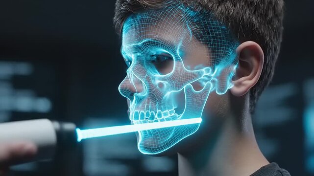Facial recognition technology scanning boy.