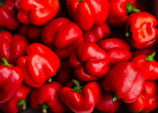 Full box of fresh red capsicum fruit from overhead