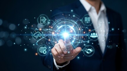 Fototapeta premium Business professional touching glowing digital hub for cloud computing and integrated server infrastructure management in modern enterprise