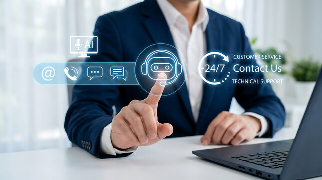Business professional using AI customer support and 24/7 technical service interface for efficient client communication and business automation