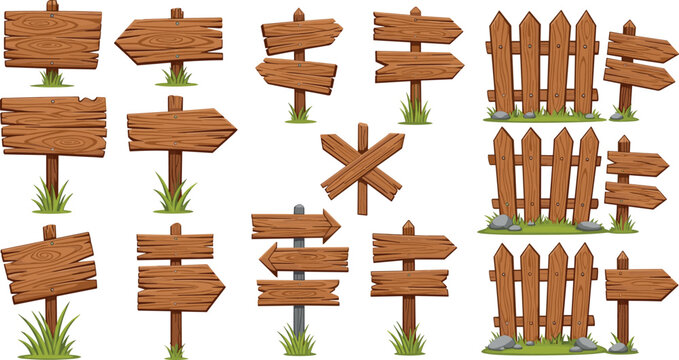 Rustic wooden signboard set with arrow directions, fence elements, and garden details, cartoon style vector illustration isolated on white background